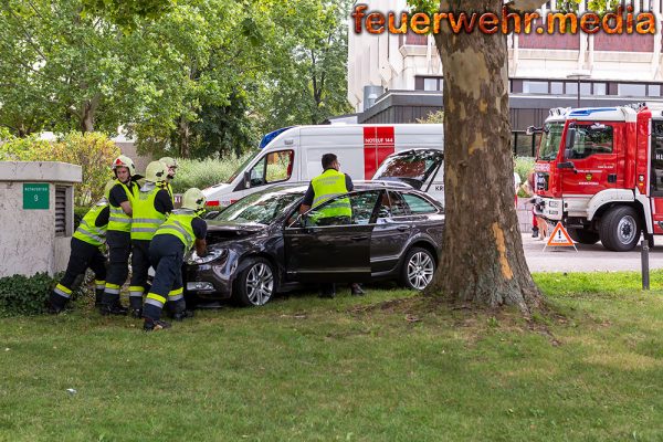 Pkw prallt am Gelände vom UKH Krems gegen einen Baum