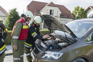 Anrainer halten Pkw-Brand mit einem Handfeuerlöscher unter Kontrolle