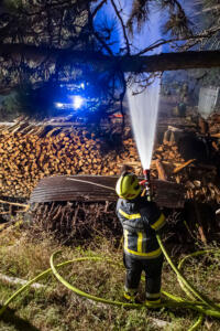 Brennender Holzstiß droht auf Wald überzugreifen