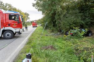 Neuerlicher Unfall auf der L114 - BMW rammt Wegweiser und landet im Buschwerk