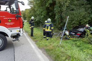 Neuerlicher Unfall auf der L114 - BMW rammt Wegweiser und landet im Buschwerk