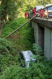 Pkw kommt von der Straße ab und landet im Bach