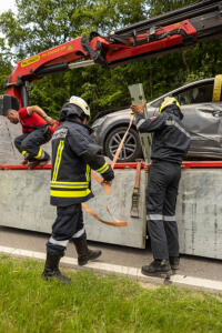 Pkw landet nach Kollision mit einem Autobus in einem Marillengarten
