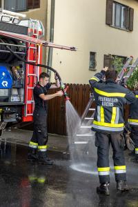 Feuerwehr holt eine patschnasse Katze von einem Baum